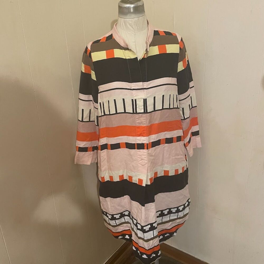 APIECE APART Band Collar SHIRT DRESS Bold Colorblock Print sz 2 Tencel Linen
